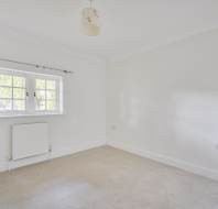 An empty room with white walls, beige carpeting, a window, a radiator, and a ceiling light fixture.