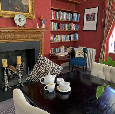 Bookshelves next to fireplace