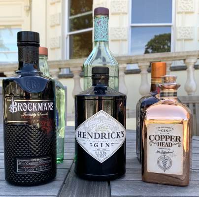 Bottles of premium gin on a table