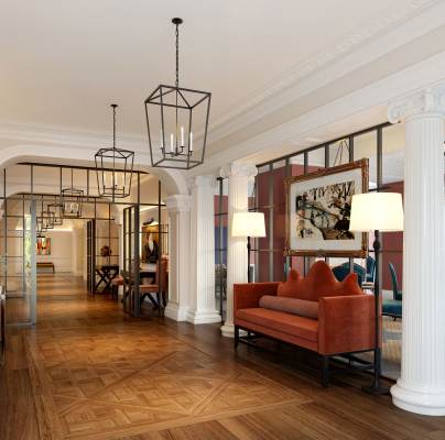 Elegant lobby with ironwork and parquet floor
