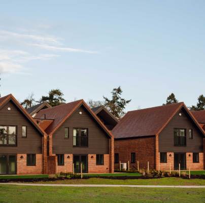 Row of modern, two-story brick houses with triangular roofs and large windows, set against a clear sky backdrop.
