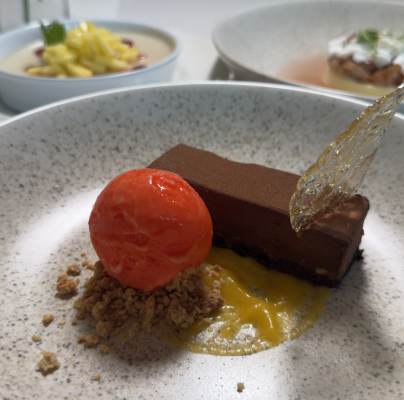 Summer menu - Chocolate delice with orange sorbet (GF, N, V)