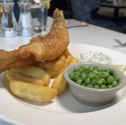 Summer menu - Beer battered haddock & chips with peas and tartare sauce