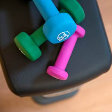 Coloured dumbells in gym