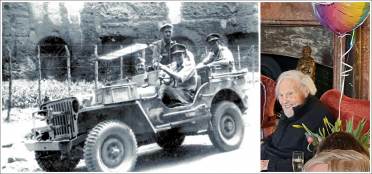 Composite: soldiers in a Jeep, older man with balloon