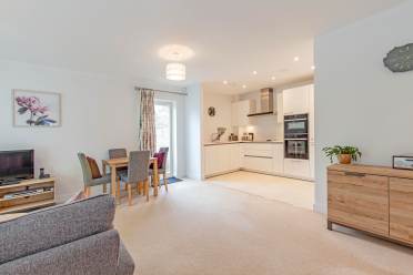 Open-plan living area with a modern kitchen, dining table with four chairs, TV, wooden sideboard, and decorative wall art and plants.