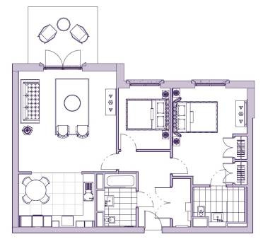 Floor plan showing two bedrooms, two bathrooms, a kitchen with dining area, living room, and a balcony with outdoor seating.