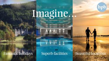 Collage: castle by a forest, indoor pool, couple walking on beach at sunset. Text: "Imagine... Fantastic holidays, Superb facilities, Beautiful locations.