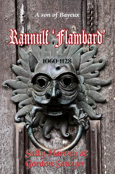 Ornate lion head door knocker on wooden background, with text about Rannulf 'Flambard' and the authors Sally Harvey & Gordon Sawyer.