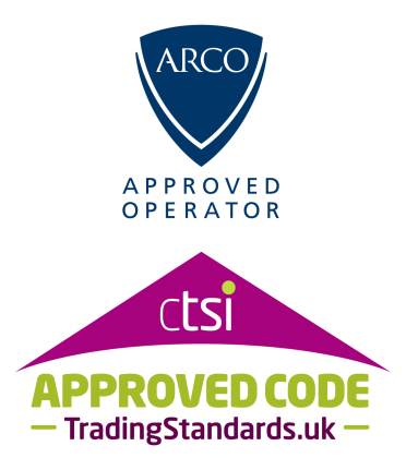 Logos for ARCO Approved Operator and CTSI Approved Code by TradingStandards.uk, indicating certifications and compliance with standards.