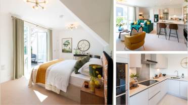 A modern apartment with a bright bedroom, open-plan living and dining area, and a contemporary kitchen with white cabinets and stainless steel appliances.