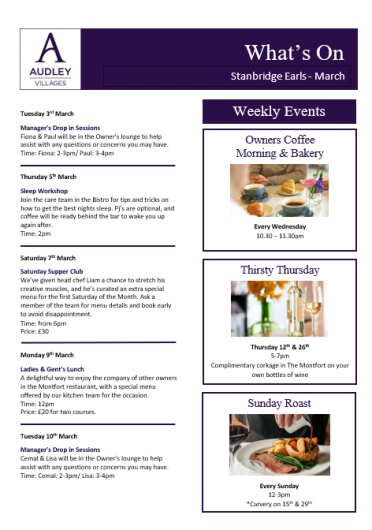 Audley sample owner events calendar 2026