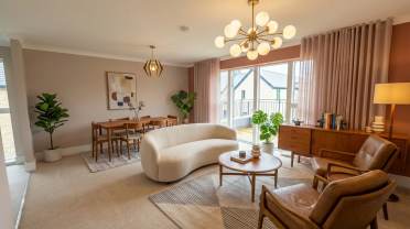 Mid-century modern style living room in Coat Terracotta using Audley AI design tool