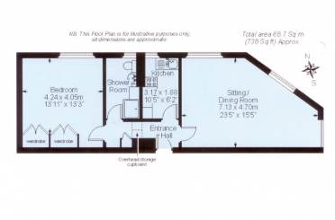 Floor plan of a one-bedroom apartment showing a bedroom, shower room, kitchen, sitting/dining room, entrance hall, and overhead storage. Total area approximately 68.7 sq m (738 sq ft).