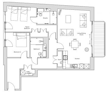 Black and white floor plan of a two-bedroom apartment with an open-plan kitchen, living/dining room, two bathrooms, utility cupboard, store, and balcony.
