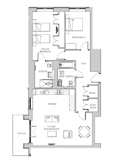 Floor plan with two bedrooms, two bathrooms, kitchen, living/dining room, two storage areas, and a terrace. Master bedroom has an ensuite bathroom.