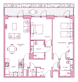 A detailed floor plan of a two-bedroom apartment with a kitchen, living/dining room, bathroom, en suite bathroom, utility cupboard, storage areas, and a balcony.