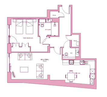 A floor plan shows a two-bedroom apartment with an en-suite main bedroom, a living/dining room, kitchen, WC, and two storage areas.