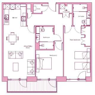 A floor plan showing a two-bedroom apartment with a living/dining room, kitchen, bathroom, en suite bathroom, utility cupboard, and two storage rooms. The apartment includes a balcony.