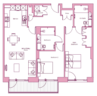 Floor plan of a two-bedroom apartment with a kitchen, living/dining room, main bedroom with en suite, second bedroom, bathroom, and two storage areas. There is also a balcony attached to the living room.