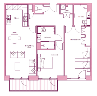 Floor plan of a two-bedroom apartment featuring a living/dining room, kitchen, bathroom, en suite bathroom, main bedroom, bedroom 2, store room, and a balcony.
