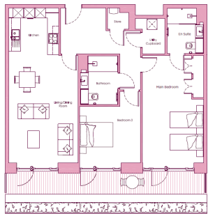 A detailed floor plan of a residential apartment showing two bedrooms, two bathrooms, a kitchen, a living/dining room, a store, a utility cupboard, and a balcony.