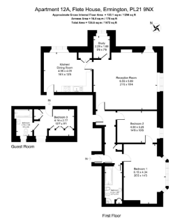 Floor plan of Apartment 12A, Flete House, Ermington, PL21 9NX. It includes a reception room, kitchen/dining room, and three bedrooms, one specified as a guest room. Total area: 136.9 sq. meters.