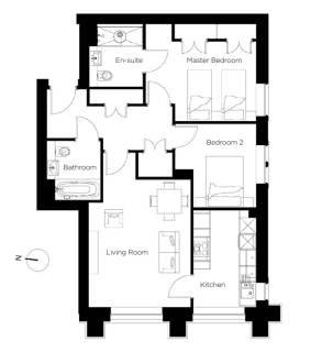 Black and white floor plan of a two-bedroom apartment with living room, kitchen, bathroom, en-suite, and labeled rooms. North direction indicated.