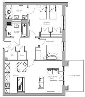 Black and white floor plan showing two bedrooms, two bathrooms, a kitchen, a living/dining area, storage rooms, and an outdoor space.