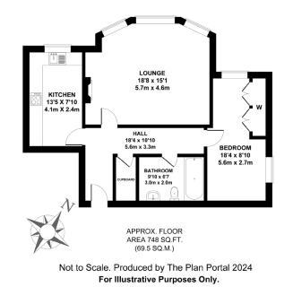 Black and white floor plan of an apartment with kitchen, lounge, hall, bathroom, bedroom, cupboard, and wardrobe, showing approximate dimensions in feet, inches, and meters.