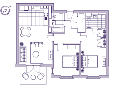 Floor plan of an apartment with two bedrooms, a bathroom, a kitchen, a dining area, a living room, and a balcony. It includes furniture layout and a north directional compass.