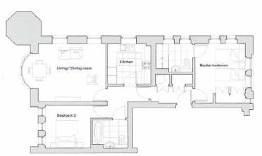 Floor plan showing a living/dining room, kitchen, master bedroom with ensuite, a second bedroom, and a bathroom.