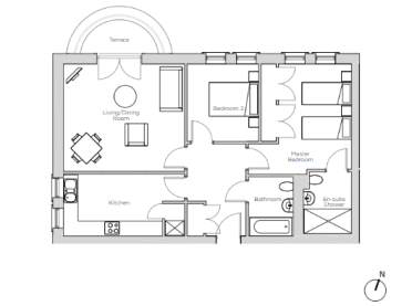 Floor plan layout with a terrace, living/dining room, kitchen, two bedrooms, a bathroom, and an en-suite shower in the master bedroom. North indicated at the bottom right.