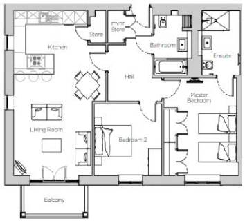 Floor plan of an apartment featuring two bedrooms, a kitchen, a living room, two bathrooms (one ensuite), a hall, and a balcony.