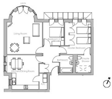 Floor plan showing a kitchen/dining room, living room, two bedrooms, a bathroom, an ensuite shower, and a small balcony marked as "Juliette.