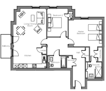 Floor plan of an apartment with a living/dining room, kitchen, larder, two bedrooms, bathroom, en-suite, hall, and balcony.