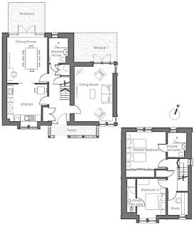 Floor plan of a two-story house showing a kitchen, dining room, living room, two terraces, three bathrooms, a master bedroom, a second bedroom, and a study.