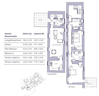 Floor plan of a two-story residence with labeled rooms including a living/dining room, kitchen, three bedrooms, and multiple bathrooms. Includes metric and imperial measurements.