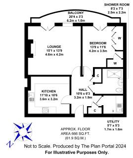 Floor plan of an apartment with a lounge, kitchen, bedroom, shower room, utility, hall, and balcony. Total area: 666 sq ft (61.9 sq m).