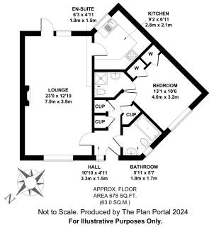 Floor plan of a 678 sq. ft. apartment with a lounge, kitchen, bedroom, en-suite, bathroom, and hall. Includes measurements and a compass for orientation.