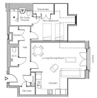 Floor plan of an apartment with a main bedroom, en-suite shower, living/dining room, kitchen, WC, and storage areas.