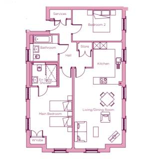 A floor plan featuring two bedrooms, a bathroom, an en suite shower, a kitchen, a living/dining room, a store, hall, and services area.
