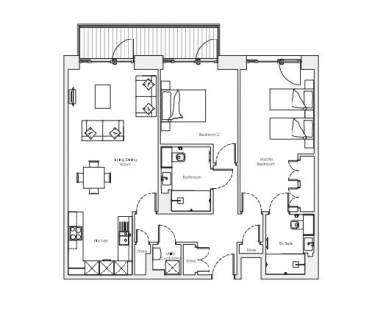 Floor plan of a two-bedroom apartment featuring a living/dining room, kitchen, two bathrooms, a master bedroom with en-suite, and multiple storage areas.
