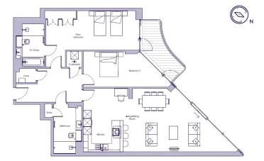 Floor plan of a two-bedroom apartment with an en suite bathroom, additional bathroom, living/dining room, kitchen, cupboards, and a triangular balcony.