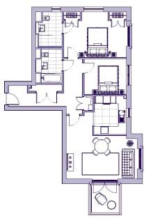 A floor plan showing two bedrooms, two bathrooms, a living area with a dining table, and a small balcony.