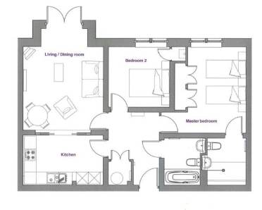 Floor plan showing a living/dining room, kitchen, master bedroom with en-suite, second bedroom, and a bathroom.