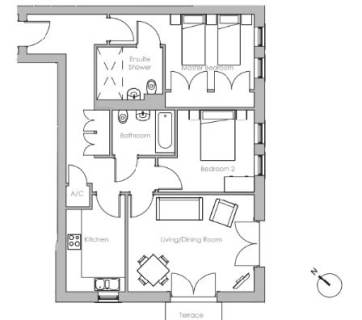 Floor plan of a two-bedroom apartment featuring a kitchen, living/dining room, bathroom, ensuite shower, and terrace. A/C unit is located in the kitchen. North direction is indicated.