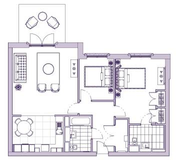 Floor plan showing two bedrooms, two bathrooms, a kitchen with dining area, living room, and a balcony with outdoor seating.