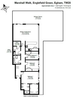 Floor plan of a first floor penthouse, includes three bedrooms, kitchen/family room, two bathrooms, utility room, store, balcony, and terrace. Total area is approximately 1247 sq ft.