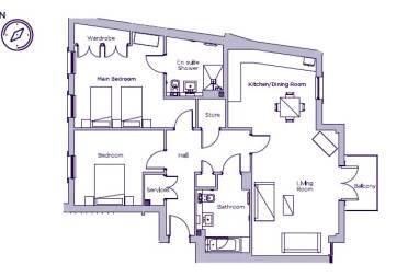 Blueprint of a two-bedroom apartment featuring a main bedroom with en suite shower, an additional bedroom, two bathrooms, kitchen/dining room, living room, store, and balcony.